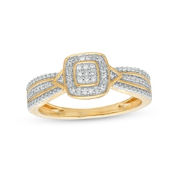 1/15 CT. T.W. Cushion-Shaped Multi-Diamond Beaded Frame Chevron Side Accent Triple Row Promise Ring in 10K Gold