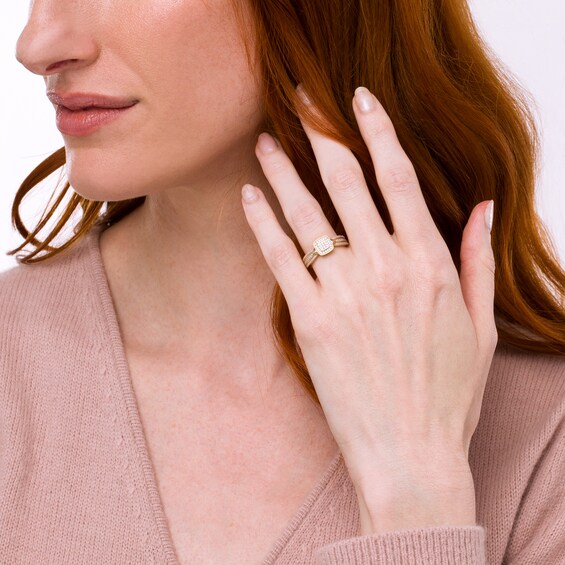 1/15 CT. T.w. Cushion-Shaped Multi-Diamond Beaded Frame Chevron Side Accent Triple Row Promise Ring in 10K Gold