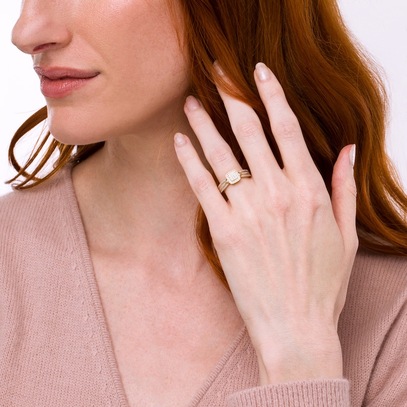 Main Image 2 of 1/15 CT. T.W. Cushion-Shaped Multi-Diamond Beaded Frame Chevron Side Accent Triple Row Promise Ring in 10K Gold