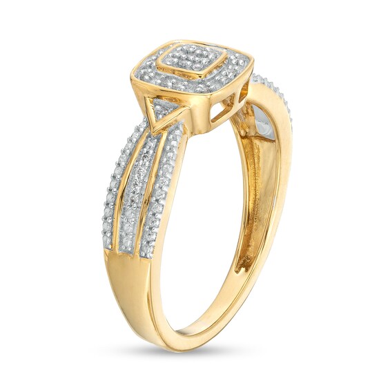 1/15 CT. T.w. Cushion-Shaped Multi-Diamond Beaded Frame Chevron Side Accent Triple Row Promise Ring in 10K Gold