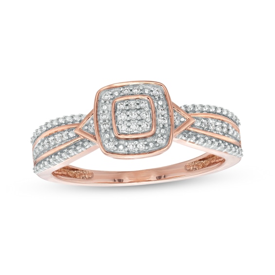 1/15 CT. T.w. Cushion-Shaped Multi-Diamond Beaded Frame Chevron Side Accent Triple Row Promise Ring in 10K Rose Gold