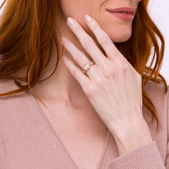 1/15 CT. T.w. Cushion-Shaped Multi-Diamond Beaded Frame Chevron Side Accent Triple Row Promise Ring in 10K Rose Gold