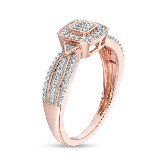 1/15 CT. T.w. Cushion-Shaped Multi-Diamond Beaded Frame Chevron Side Accent Triple Row Promise Ring in 10K Rose Gold