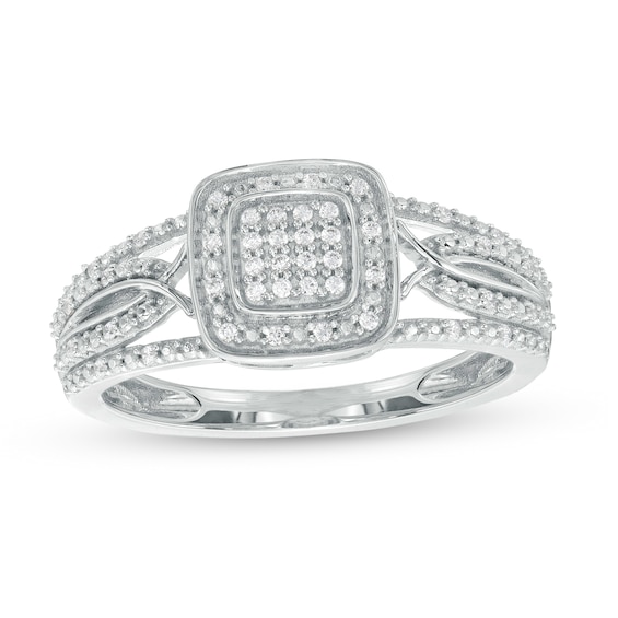 1/8 CT. T.w. Cushion-Shaped Multi-Diamond Beaded Frame Multi-Row Twisted Split Shank Promise Ring in 10K White Gold