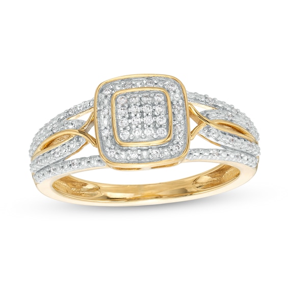 1/8 CT. T.w. Cushion-Shaped Multi-Diamond Beaded Frame Multi-Row Twisted Split Shank Promise Ring in 10K Gold