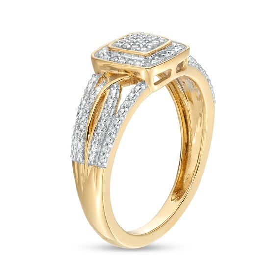 1/8 CT. T.w. Cushion-Shaped Multi-Diamond Beaded Frame Multi-Row Twisted Split Shank Promise Ring in 10K Gold