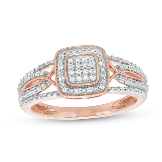 1/8 CT. T.w. Cushion-Shaped Multi-Diamond Beaded Frame Multi-Row Twisted Split Shank Promise Ring in 10K Rose Gold
