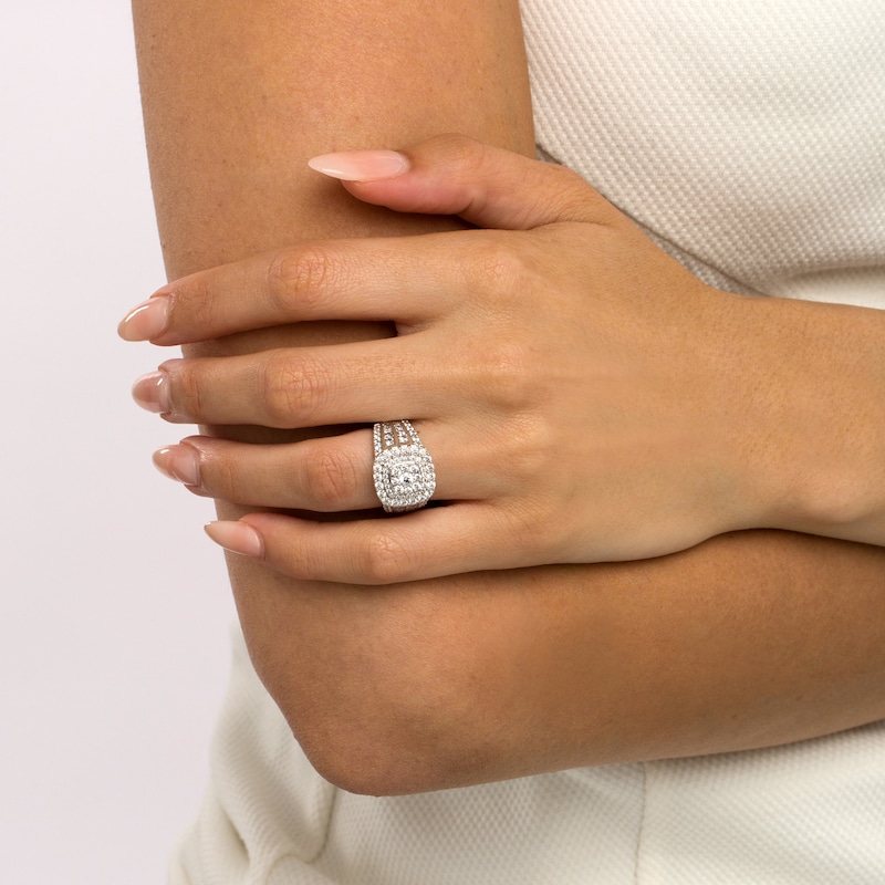 Main Image 2 of 2 CT. T.W. Cushion-Shape Multi-Diamond Frame Multi-Row Engagement Ring in 10K White Gold