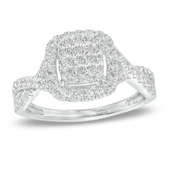 1/2 CT. T.w. Cushion-Shape Multi-Diamond Frame Twist Shank Engagement Ring in 10K White Gold
