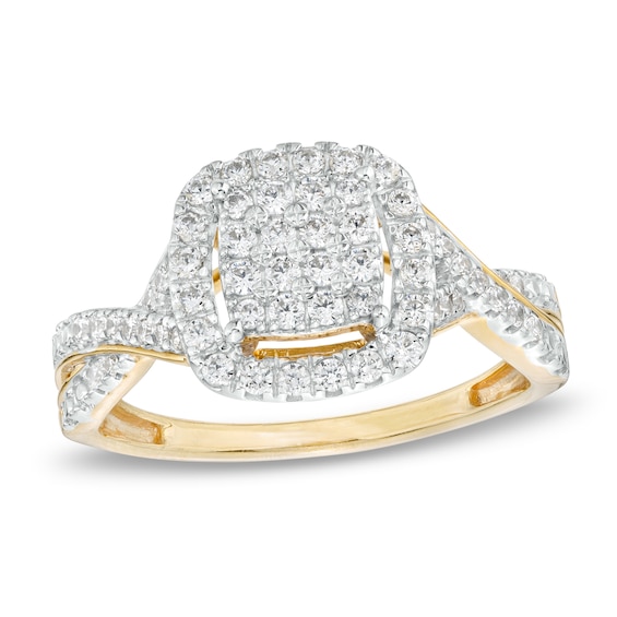 1/2 CT. T.w. Cushion-Shape Multi-Diamond Frame Twist Shank Engagement Ring in 10K Gold