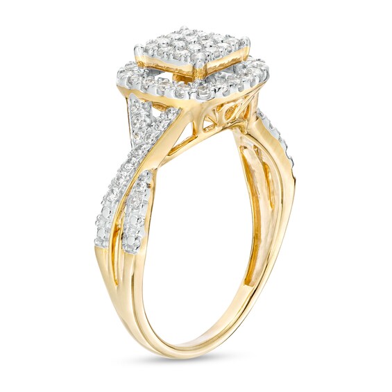 1/2 CT. T.w. Cushion-Shape Multi-Diamond Frame Twist Shank Engagement Ring in 10K Gold
