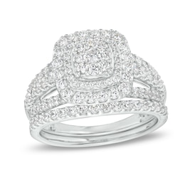 1-1/8 CT. T.W. Cushion-Shape Multi-Diamond Frame Split Shank Multi-Row Bridal Set in 10K White Gold