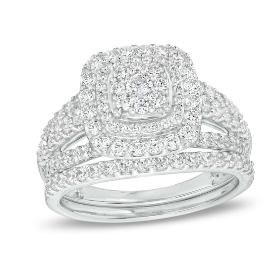 1-1/8 CT. T.w. Cushion-Shape Multi-Diamond Frame Split Shank Multi-Row Bridal Set in 10K White Gold