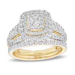 1-1/8 CT. T.W. Cushion-Shape Multi-Diamond Frame Split Shank Multi-Row Bridal Set in 10K Gold