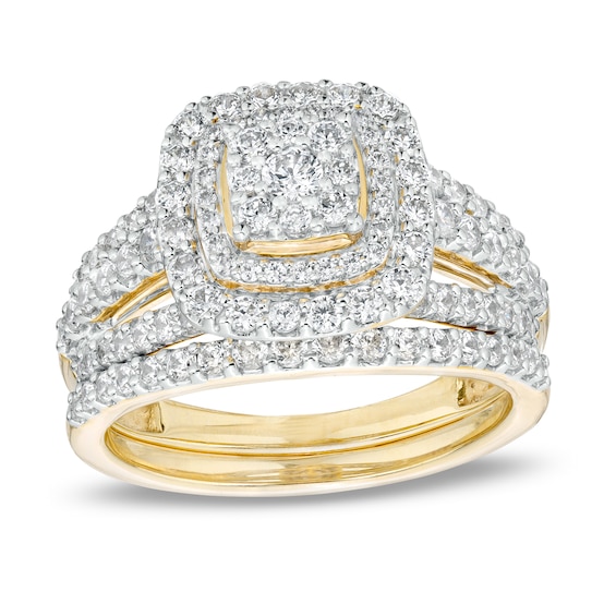 1-1/8 CT. T.w. Cushion-Shape Multi-Diamond Frame Split Shank Multi-Row Bridal Set in 10K Gold