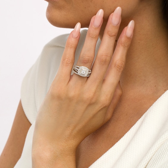 1-1/8 CT. T.w. Cushion-Shape Multi-Diamond Frame Split Shank Multi-Row Bridal Set in 10K Gold