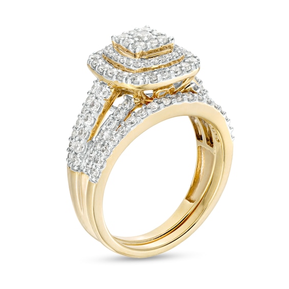 1-1/8 CT. T.w. Cushion-Shape Multi-Diamond Frame Split Shank Multi-Row Bridal Set in 10K Gold