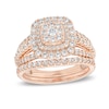 Thumbnail Image 1 of 1-1/8 CT. T.W. Cushion-Shape Multi-Diamond Frame Split Shank Multi-Row Bridal Set in 10K Rose Gold