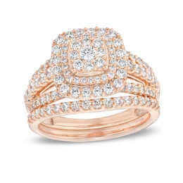 1-1/8 CT. T.W. Cushion-Shape Multi-Diamond Frame Split Shank Multi-Row Bridal Set in 10K Rose Gold