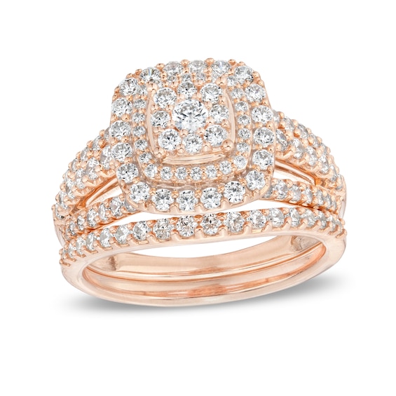1-1/8 CT. T.w. Cushion-Shape Multi-Diamond Frame Split Shank Multi-Row Bridal Set in 10K Rose Gold