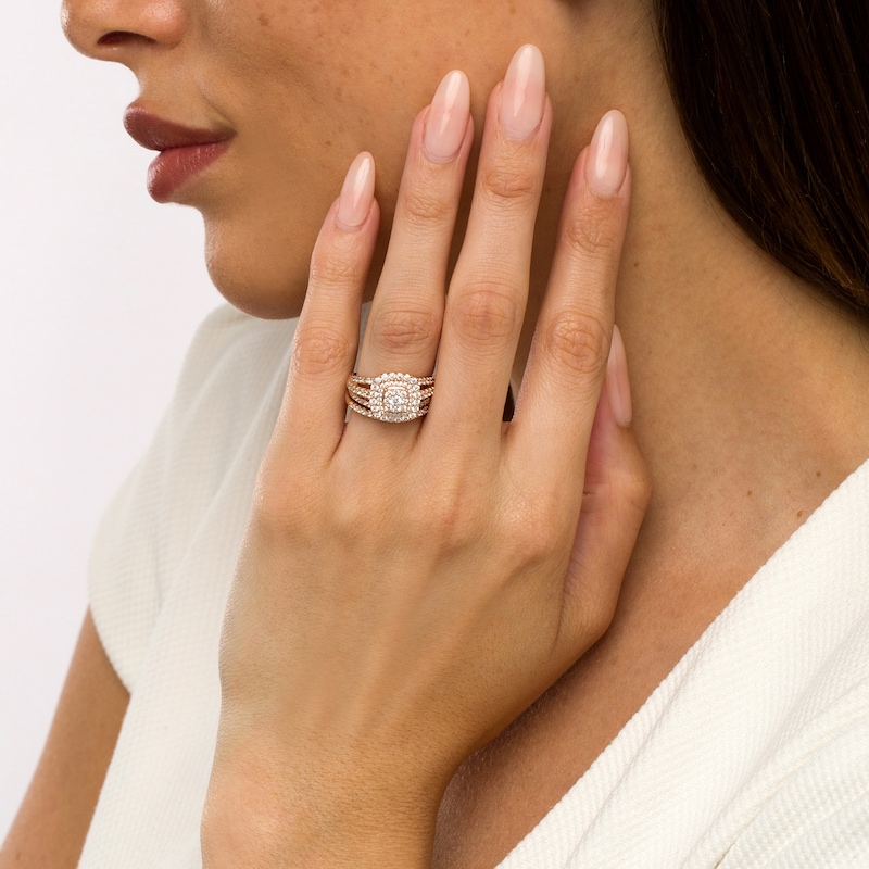 Main Image 2 of 1-1/8 CT. T.W. Cushion-Shape Multi-Diamond Frame Split Shank Multi-Row Bridal Set in 10K Rose Gold