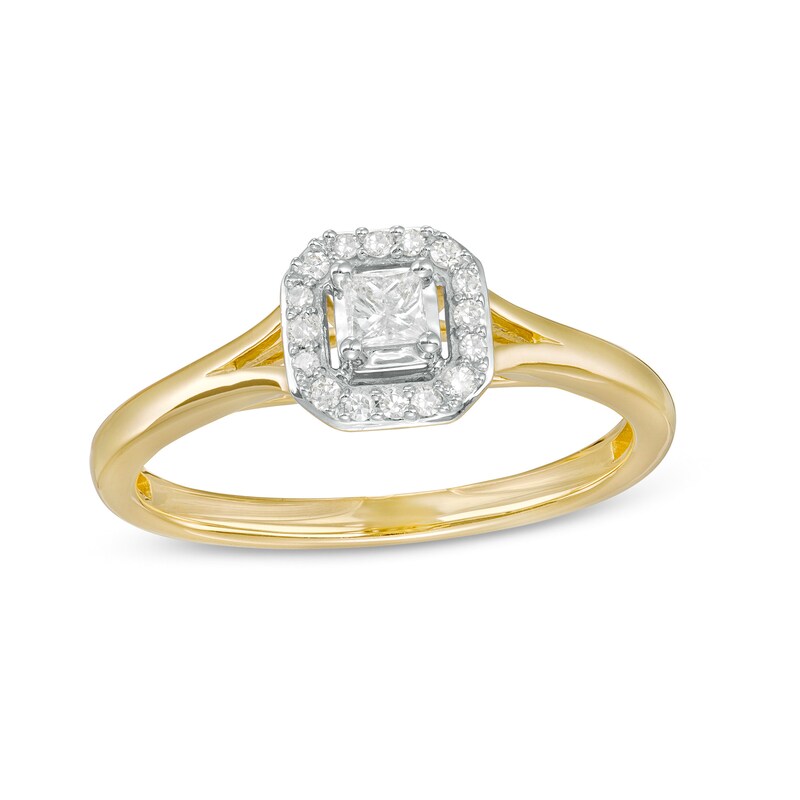 Main Image 1 of Cherished Promise Collection™ 1/8 CT. T.W. Princess-Cut Diamond Cushion Frame Split Shank Promise Ring in 10K Gold