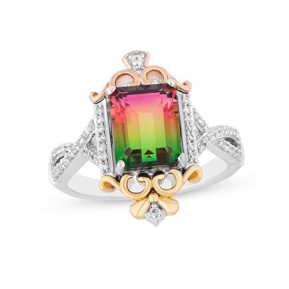 Enchanted Disney Cinderella Watermelon Quartz and 1/6 CT. T.w. Diamond Stepsister Ring in Sterling Silver and 10K Gold