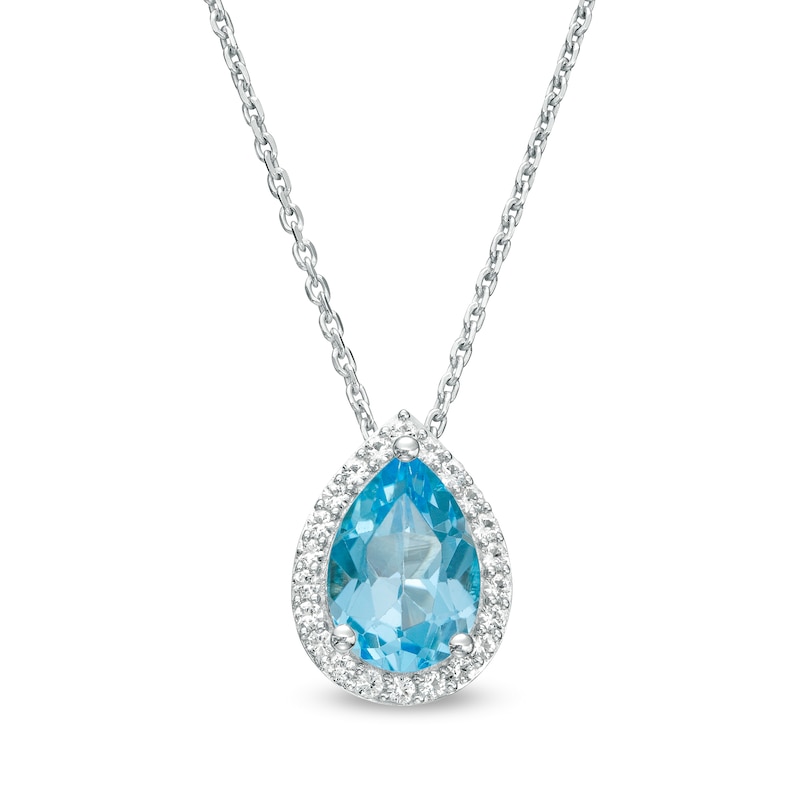 Main Image 1 of Pear-Shaped Swiss Blue Topaz and White Lab-Created Sapphire Frame Pendant in Sterling Silver