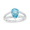 Thumbnail Image 1 of Pear-Shaped Swiss Blue Topaz and White Lab-Created Sapphire Split Shank Ring in Sterling Silver