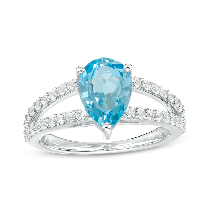 Main Image 1 of Pear-Shaped Swiss Blue Topaz and White Lab-Created Sapphire Split Shank Ring in Sterling Silver