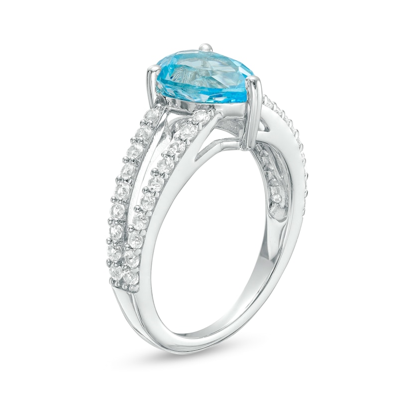 Main Image 3 of Pear-Shaped Swiss Blue Topaz and White Lab-Created Sapphire Split Shank Ring in Sterling Silver