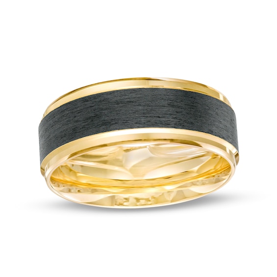 8.0mm Stepped Edge Wedding Band in 14K Gold and Carbon Fiber Inlay - Size 10