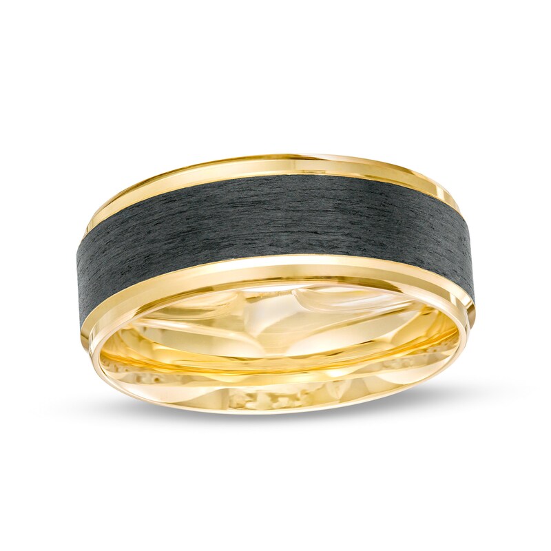 Main Image 1 of 8.0mm Stepped Edge Wedding Band in 14K Gold and Carbon Fiber Inlay - Size 10