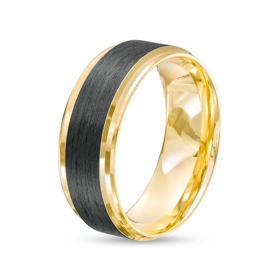 8.0mm Stepped Edge Wedding Band in 14K Gold and Carbon Fiber Inlay - Size 10