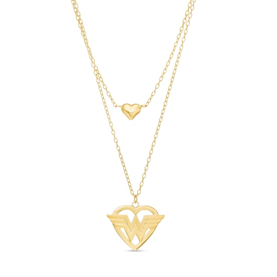 Wonder Woman⢠Collection Heart with Logo and Mini Puff Heart Double Strand Necklace in 10K Gold - 21.5"