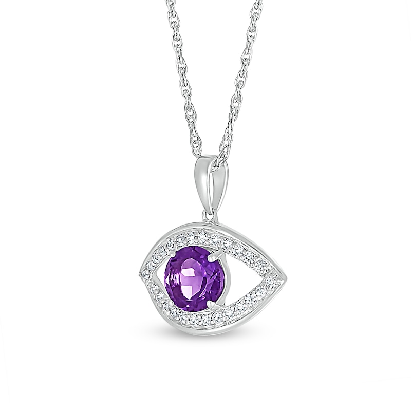 Main Image 2 of 6.0mm Amethyst and White Lab-Created Sapphire Frame Evil Eye Pendant in Sterling Silver