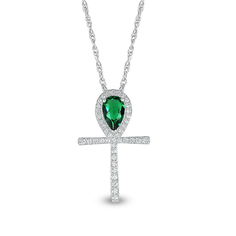 Main Image 1 of Pear-Shaped Emerald and White Lab-Created Sapphire Ankh Pendant in Sterling Silver