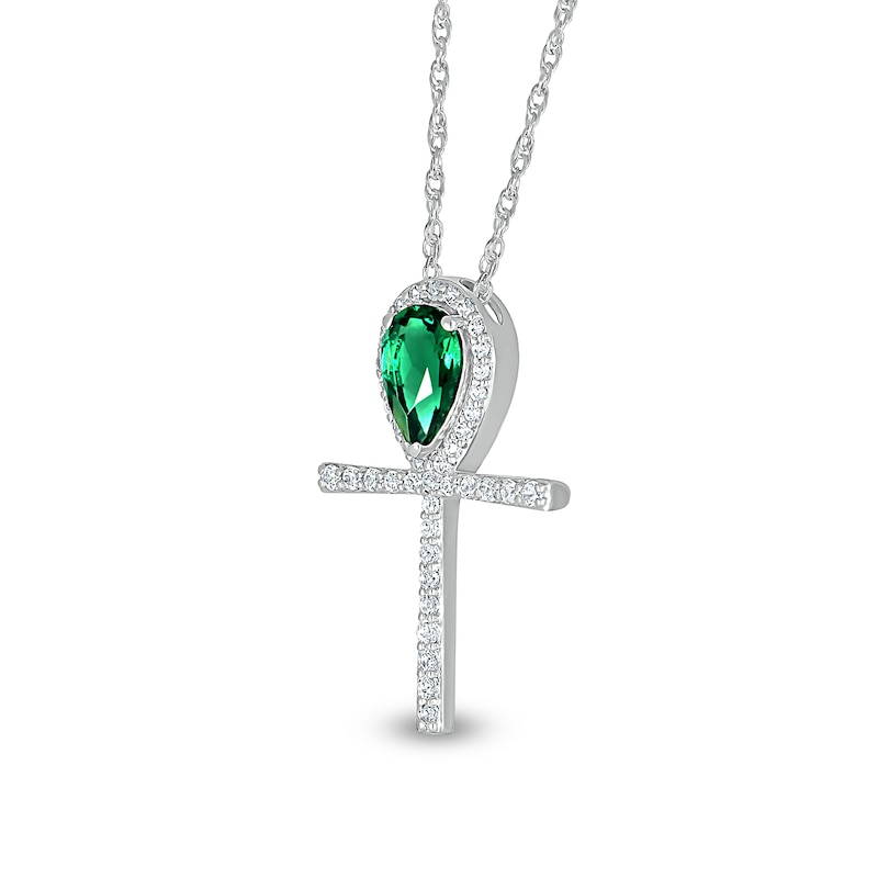 Main Image 2 of Pear-Shaped Emerald and White Lab-Created Sapphire Ankh Pendant in Sterling Silver