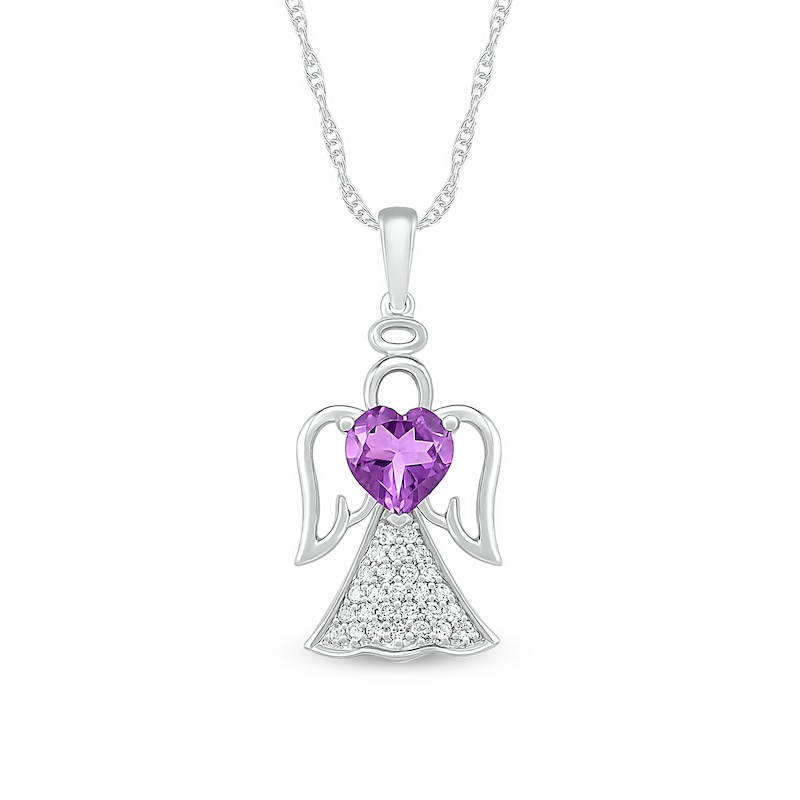 Main Image 1 of 6.0mm Heart-Shaped Amethyst and White Lab-Created Sapphire Angel Pendant in Sterling Silver