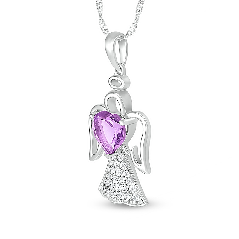 Main Image 2 of 6.0mm Heart-Shaped Amethyst and White Lab-Created Sapphire Angel Pendant in Sterling Silver