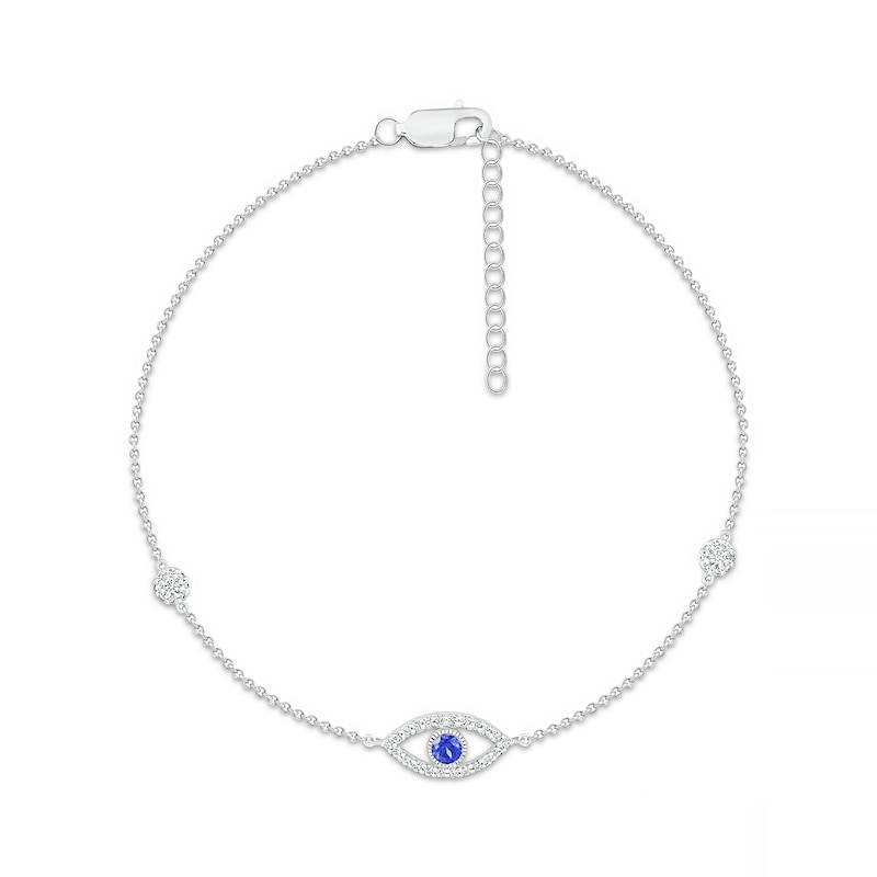 3.0mm Blue and White Lab-Created Sapphire Evil Eye Anklet in Sterling Silver - 10"