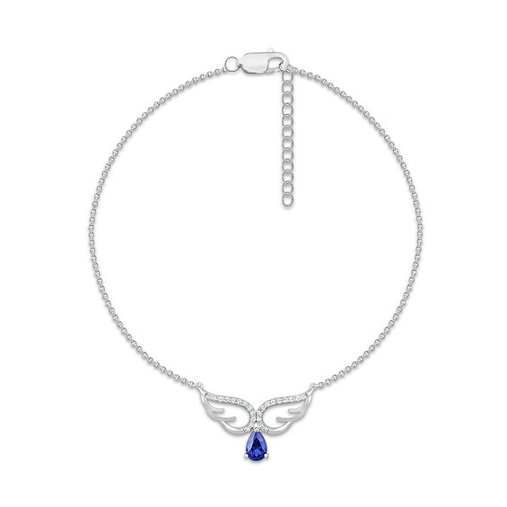 Pear-Shaped Blue and White Lab-Created Sapphire Drop Angel Wings Anklet in Sterling Silver - 10"