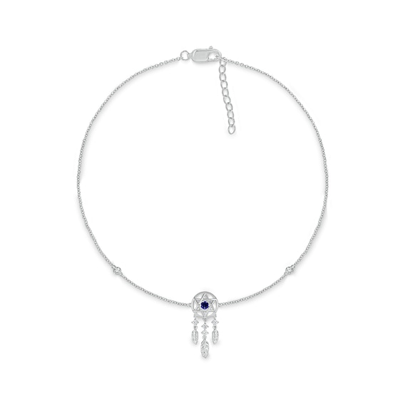 3.0mm Blue and White Lab-Created Sapphire Station Dream Catcher Anklet in Sterling Silver â 10"