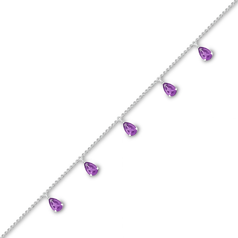 Main Image 1 of Pear-Shaped Amethyst Five Stone Dangle Station Anklet in Sterling Silver – 10"