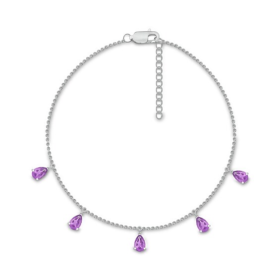 Pear-Shaped Amethyst Five Stone Dangle Station Anklet in Sterling Silver â 10"
