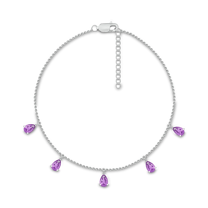 Main Image 2 of Pear-Shaped Amethyst Five Stone Dangle Station Anklet in Sterling Silver – 10"