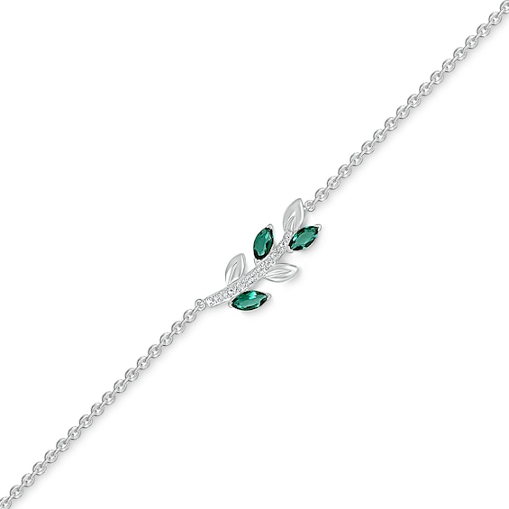 Marquise Lab-Created Emerald and White Lab-Created Sapphire Sideways Leafy Branch Anklet in Sterling Silver â 10"