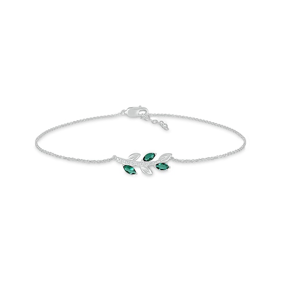 Marquise Lab-Created Emerald and White Lab-Created Sapphire Sideways Leafy Branch Anklet in Sterling Silver â 10"