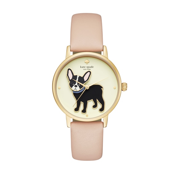Ladies' Kate Spade Grand Metro Gold-Tone IP French Bulldog Pink Leather Strap Watch with Champagne Dial (Model: Ksw1345)