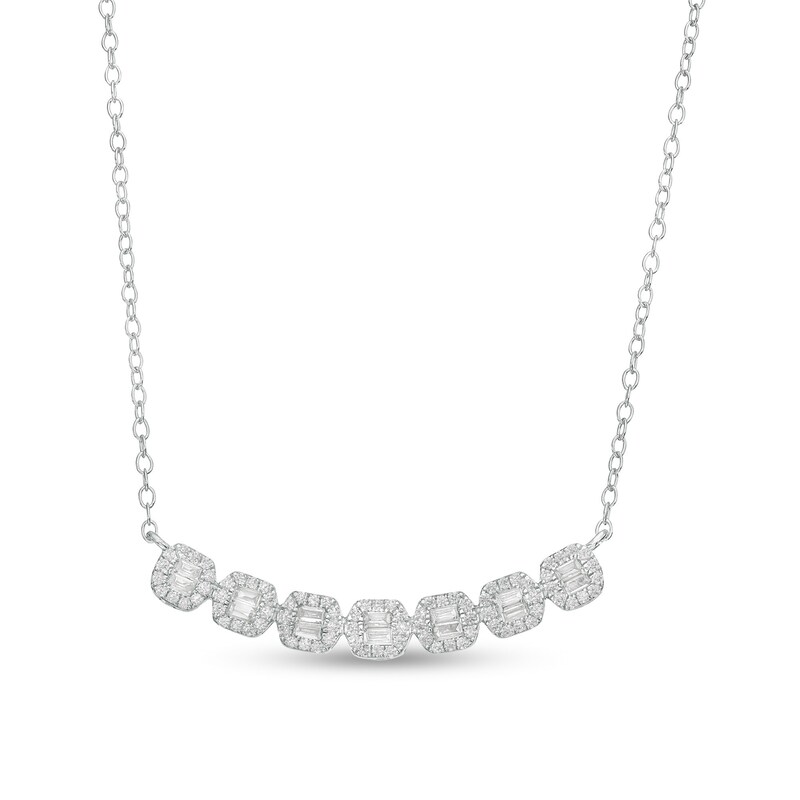 Main Image 1 of 1/3 CT. T.W. Baguette and Round Diamond Hexagon Frame Curved Necklace in 10K White Gold